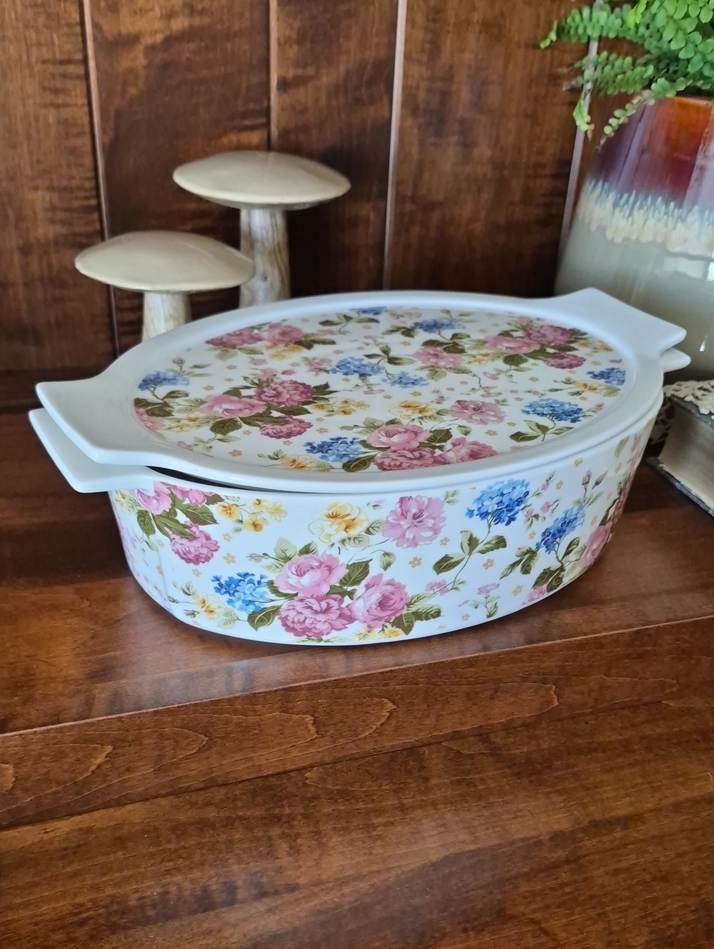 Grace Pantry Floral Ceramic Covered Casserole Dish - Pink & Blue